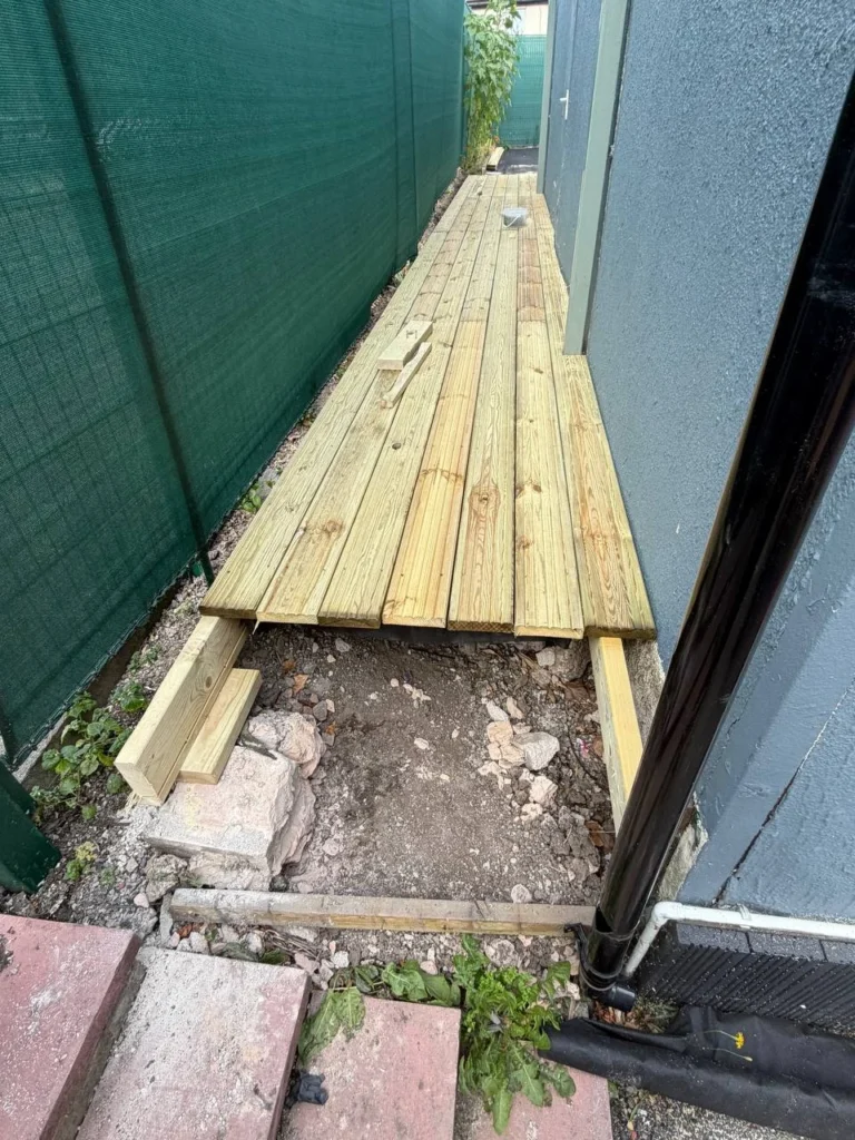 The walkway and step during the decking work.