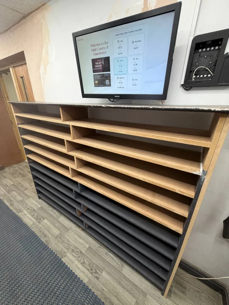 Shoe storage and display on the men’s side.