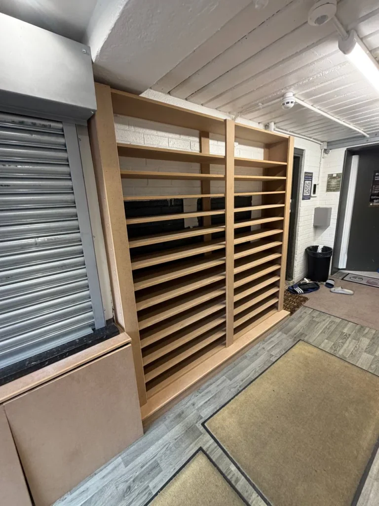 The timber shelving from another angle.