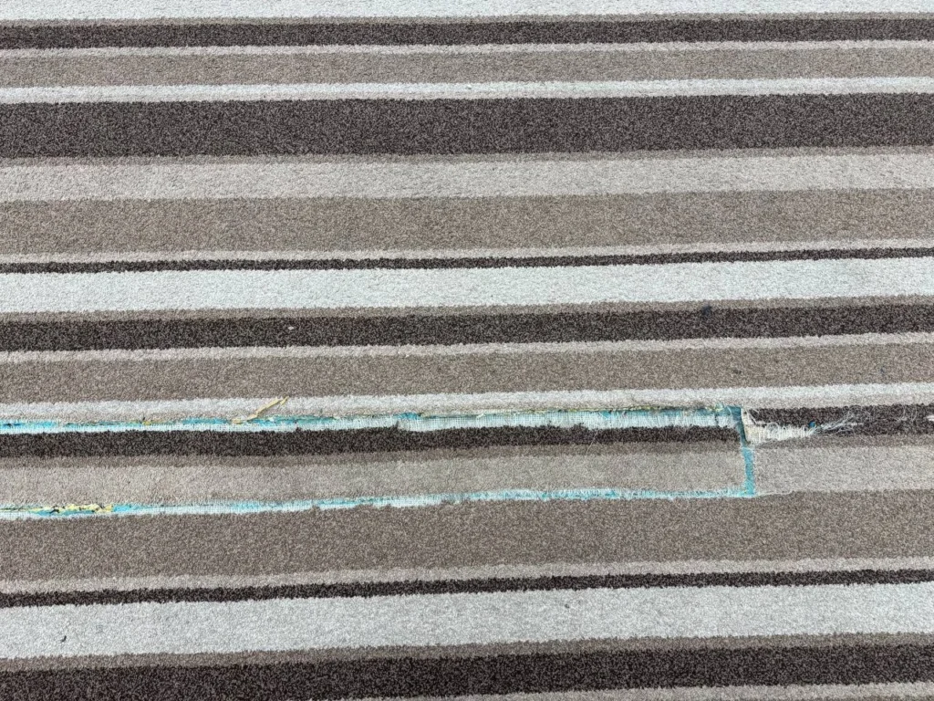 A close view of wear in the old carpet.