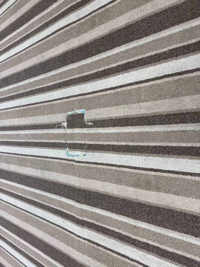 The worn section of old carpet in context.